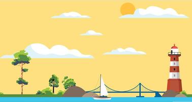illustration of a sea shore with a lighthouse, trees, and a bridge, creating a serene coastal landscape with natural beauty and a peaceful atmosphere in a minimalist style vector