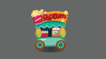 Stylized illustration of a popcorn cart on a gray background. Features a turquoise cart with POPCORN sign in red letters, popcorn bucket labeled 'yummy', corn cobs, and decorative wheels. vector