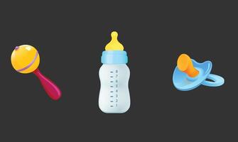 Flat design illustration of baby elements including a sucker, baby bottle, and shaker, symbolizing infant care, essentials, and nurturing in a soft, playful, and minimalist style. vector