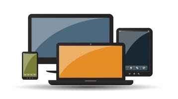 Stylized illustration of various smart devices including a laptop, tablet, and mobile phone, representing modern technology, digital communication, and connected lifestyles vector
