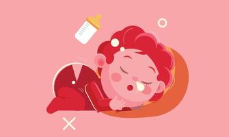 Flat design illustration of a baby sleeping peacefully and dreaming, surrounded by soft, calming elements, symbolizing rest, innocence, and tranquility in a minimalist style. vector