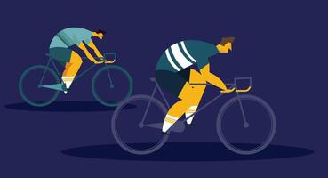 Flat design illustration of a team of cyclists racing in unison, showcasing dynamic motion, athleticism, and teamwork against a clean solid background, highlighting competitive cycling spirit. vector