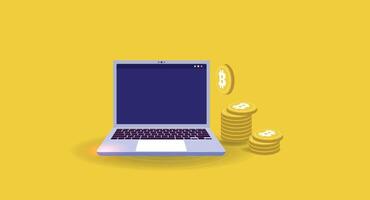 Flat-style illustration showing a laptop screen with charts and digital cryptocurrency coins like Bitcoin and Ethereum, symbolizing online trading, blockchain vector