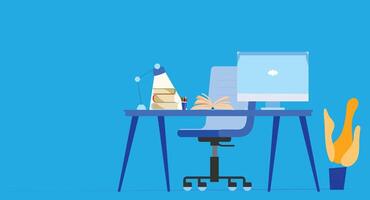 Flat design illustration of an office desk setup with a laptop, ergonomic chair, and a side lamp, creating a clean, modern workspace ideal for productivity, remote work, or study. vector