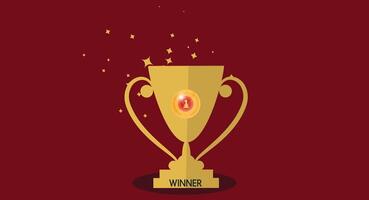 Flat design illustration of a trophy symbolizing victory in a race, featuring a shiny cup, handles, and a base, representing achievement and success in sports or competition on a clean background. vector