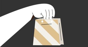 Flat design illustration of a hand holding a shopping bag, symbolizing shopping, retail, and consumerism in a clean, minimalist style, showcasing a simple and stylish everyday moment. vector