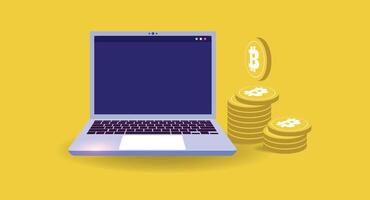 Flat-style illustration showing a laptop screen with charts and digital cryptocurrency coins like Bitcoin and Ethereum, symbolizing online trading, blockchain, and digital finance. vector