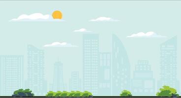 Stylized flat illustration of a cityscape featuring buildings, trees, garden bushes, and decorative elements, blending urban life with greenery in a clean, modern, and vibrant design. vector