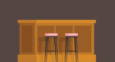 Flat-style illustration of a modern bar inside a lively club, featuring high stools lined up at the counter, soft lighting, and a vibrant nightlife atmosphere with bottles and glassware on shelves. vector