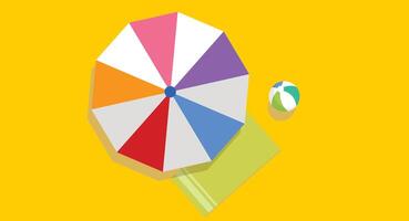 Flat design illustration of a beach umbrella with a colorful beach ball on a sandy beach, viewed from the top, capturing a relaxed, sunny, and vibrant summer scene with clear blue skies. vector