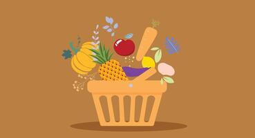 Flat design illustration of a shopping basket filled with assorted fruits and vegetables, symbolizing healthy eating, grocery shopping, and fresh produce in a colorful, clean, and vibrant style. vector