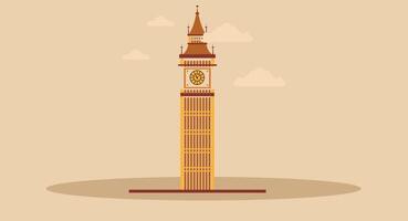Flat design illustration of Big Ben tower in London, England, featuring iconic clock face and detailed structure, symbolizing British heritage and landmark architecture on a solid background. vector