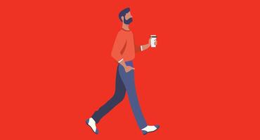 Flat design illustration of a person walking while holding a coffee cup in hand, symbolizing a casual morning routine, energy boost, and modern lifestyle in a clean and minimal visual style. vector