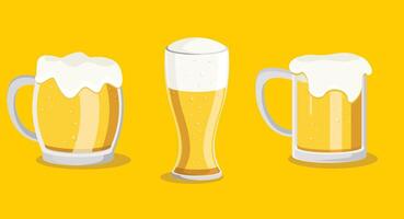 Flat design illustration of assorted beer glasses in various sizes and shapes, filled with golden beer and foam, representing variety, celebration, and casual drinking culture on a clean background. vector