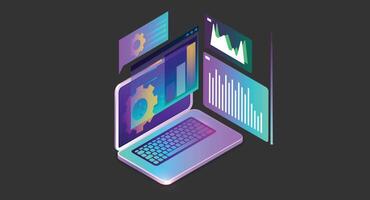 Isometric illustration of a laptop with floating data visualization screens showing charts, graphs, and settings interfaces in vibrant purple, blue, and teal gradient colors on dark background. vector