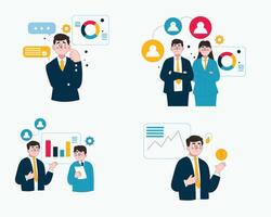 Funny business cartoon characters with various poses and elements, symbolizing strategy, teamwork, and success. vector