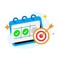 flat illustration of daily goal tracking with calendar, check mark, and target dartboard. for productivity apps, habit tracker, personal growth, motivation, and time management concepts vector