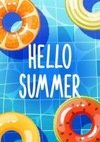 Summer swimming pool vertical background with text hello summer, pool party poster, multicolored inflatable circles floating on water surface, top view. Lifebuoy for ocean, sea. vector