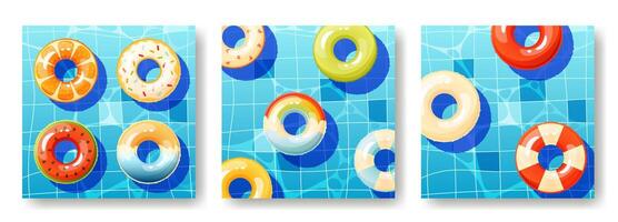 Set of three summer pool backgrounds with space for text, square postcard, poster. Multicolored inflatable circles floating on the surface of the water, top view. Lifebuoy for the ocean, sea. vector