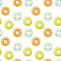 Seamless pattern of colorful inflatable swimming rings. Bright lifebuoy, inflatable float toy. Summer accessory for swimming on the beach, in the pool. summer pattern. vector