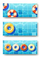 Set of three summer pool invitation backgrounds with space for text. Multicolored inflatable circles floating on the surface of the water, top view. Lifebuoy for the ocean, sea, pool. vector