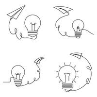 set Paper plane flying up connected with light bulb in continuous one line drawing. vector