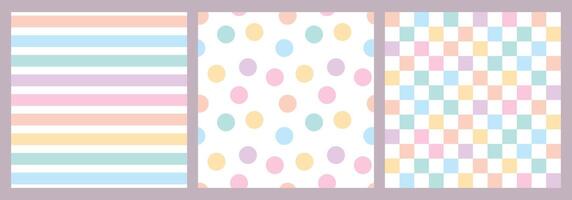 Set of seamless patterns with polka dots, stripes and checkerboard. Pastel backgrounds. Cute pastel colors for babies. vector