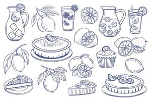 Set of hand drawn illustrations of lemonade and lemon desserts. Lemons, lemonade, lemon pie, cake, cupcake. Hand drawn sketch illustration vector