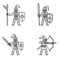 Brave warrior in battle gear armored hero stands with sword drawn for combat vector