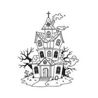 Scary haunted house drawing with eerie lights and spiderwebs surrounding the door vector