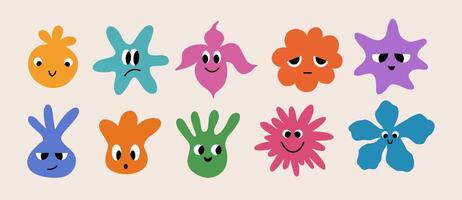 Set of abstract basic shape with big eye. Organic floral elements in flat style. Collection character stickers. Faces with various emotions vector