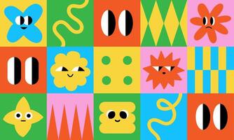 Set of abstract playful basic shape with eye. Square with abstract organic face in flat style. Background with funny geometric figures vector
