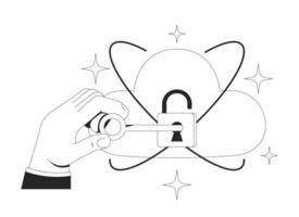 Keeping data safe on cloud encryption line illustration concept. Access management, cybersecurity. SaaS security. Locking with key outline 2D composition isolated. Ink linear metaphor art vector