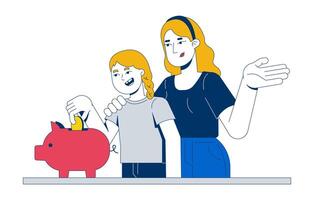 Teaching kid to budget 2D illustration. Child finance. Mother helps daughter saving money by placing coin in piggy bank flat characters isolated on white background. Colorful cartoon image vector