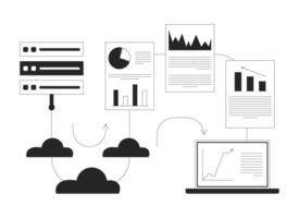 Transfer data analytics from server to laptop line illustration concept. Cloud computing, database processing, business intelligence outline 2D composition isolated. Ink linear metaphor art vector