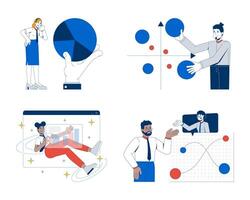 Diverse people with data visualization 2D illustration concepts set. Bubble chart, piechart, analysts graphs discussing cartoon characters isolated on white. Flat abstract metaphor collection vector