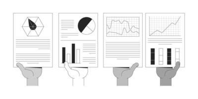 Diverse hands holding business reports paperwork line illustration concept. Analytics pages. Infographics corporate handouts outline 2D composition isolated. Ink linear metaphor art vector
