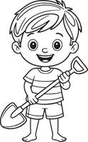 Simple Line Drawing of a Smiling Boy Holding a Shovel, vector