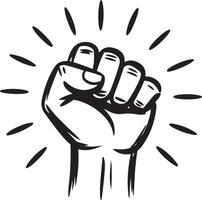 Powerful fist raised in protest, a symbol of resistance, black and white illustration vector
