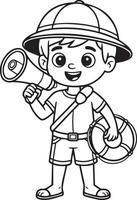 Cute Cartoon Boy in Explorer Outfit with Megaphone and Life Preserver, Ready for Coloring vector