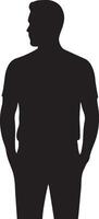 A simple bold black and white silhouette illustration of a man standing with hands in pockets vector