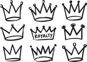 A set of nine hand-drawn crown icons in a bold, black outline style. vector