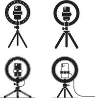 black and white illustrations of a smartphone ring light setup on a tripod set vector