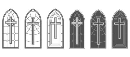 Gothic church window frames with medieval pattern. Stained glass cathedral arches. Vintage catholic architecture shapes on white background. Renaissance outline decorations with cross. vector