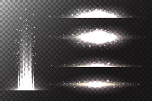 Light flare effect of glowing stars. Lines of bright flash and glitter. Golden sparkles beams. Sunburst glare. Abstract shiny explosion. vector