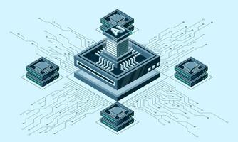 Isometric artificial intelligence chip concept. Artificial intelligence concept. Futuristic microchip processor. Isometric. vector