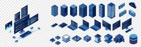 Set of isometric computer technology. Isometric set server equipment. Modern technology concept for cloud computing. Isometric technology vector