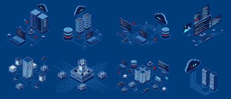 Set of isometric modern technology concept for cloud computing, Datacenter, Database, artificial intelligence, and blockchain technology. Isometric technology, vector