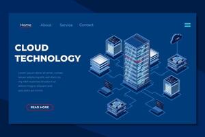 Cloud computing isometric landing page. Cloud storage server. Cloud computing online database technology. Isometric vector