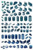 Large set of isometric computer technology. Isometric set server equipment. Modern technology concept for cloud computing, datacenter, database. Isometric technology. vector